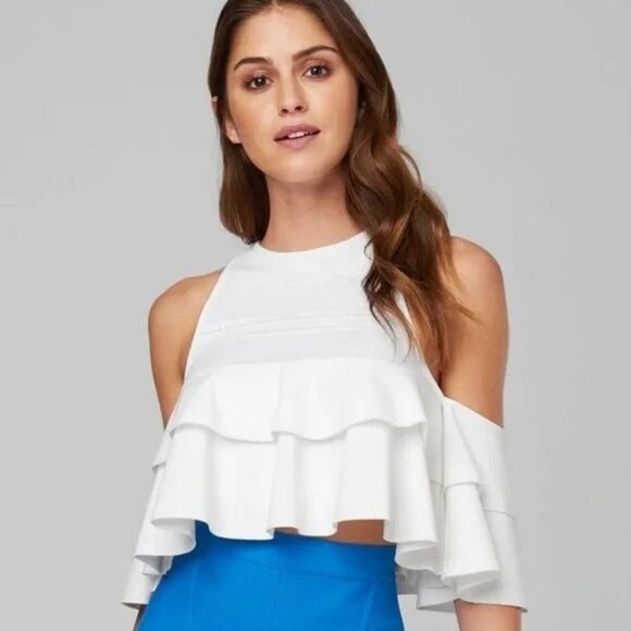 bebe White Ivory Cold-Shoulder Lace Detail Ruffle Blouse Top - Picture 2 of 8